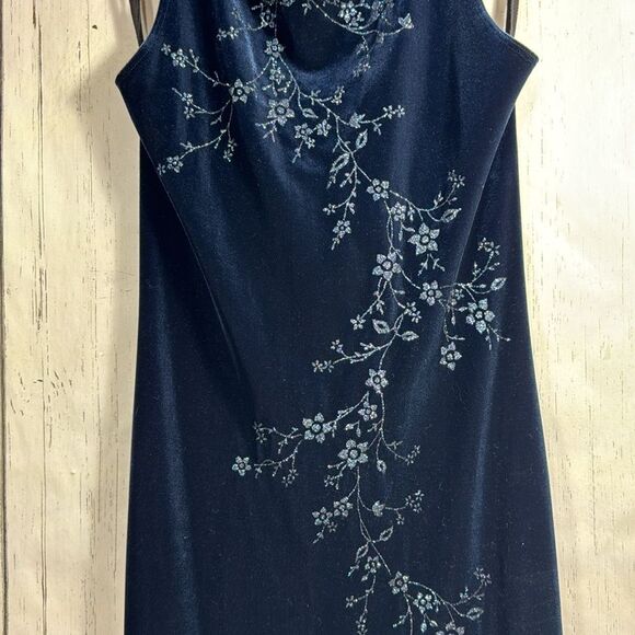 90s Navy Blue Velvet Floral Maxi Dress Y2K Glam Eveningwear Soft Goth - Picture 7 of 15